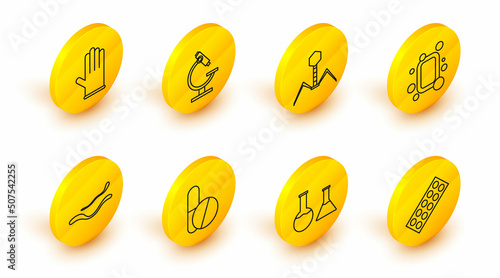 Set line Pills in blister pack, Test tube and flask, Medicine pill or tablet, Ebola virus disease, Bar of soap, Bacteria bacteriophage, Microscope and Medical rubber gloves icon. Vector