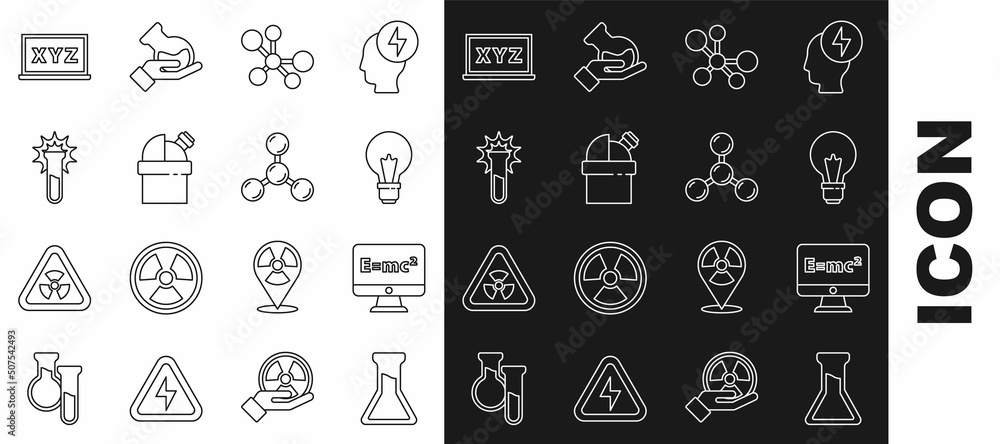 Set line Test tube and flask, Equation solution, Light bulb with concept of idea, Molecule, Astronomical observatory, XYZ Coordinate system and icon. Vector
