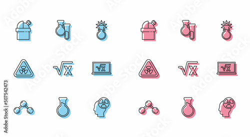 Set line Molecule  Test tube and flask  Astronomical observatory  Head radiation symbol  Square root of x glyph  Triangle with and icon. Vector