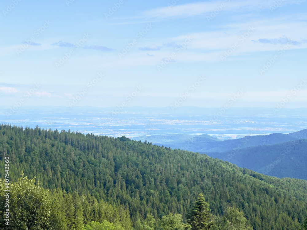 Panoramic view of the plain of Alsace from the Mullermatt at the top of the Vosges mountains