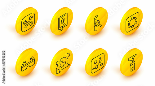 Set line Test tube and flask, Chemical formula, Gaseous, Safety goggle glasses, Formula of benzene rings, Certificate template and Medicine pill tablet icon. Vector