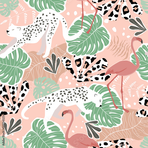 Seamless pattern with tropical exotic ornament with palm leaves, flamingos bird and leopard. Summer abstract animal print. Vector graphics. © Ирина Горбунова