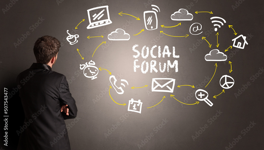 businessman drawing social media icons businessman drawing social media icons