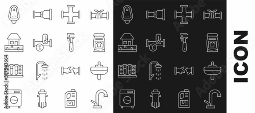 Set line Water tap, Washbasin, Laundry detergent, Industry metallic pipe, supply pipes, Toilet urinal or pissoir and Pipe adjustable wrench icon. Vector