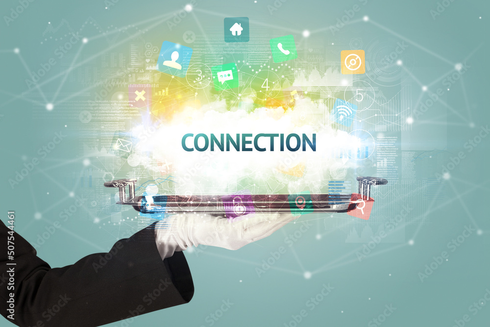 Waiter serving social networking concept Waiter serving social networking concept