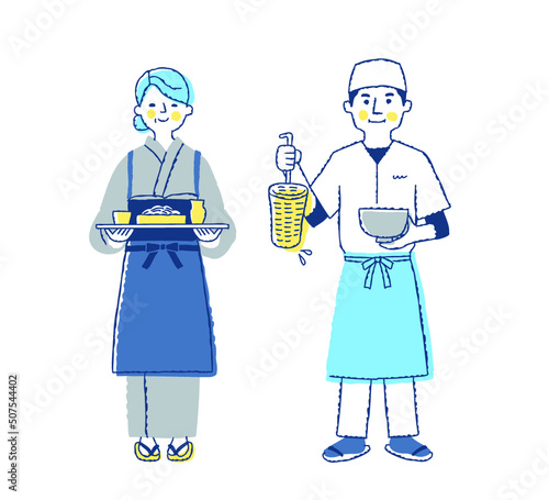 蕎麦屋うどん屋の店員　男女