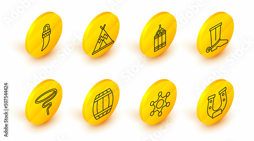 Set line Horseshoe, Hexagram sheriff, Gun powder barrel, Lasso, Cowboy boot, Dynamite bomb, Indian teepee wigwam and Tooth icon. Vector