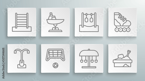 Set line Street light, Swing boat, Soccer goal with ball, Attraction carousel, Sandbox sand, Gymnastic rings, Roller skate and Swedish wall icon. Vector