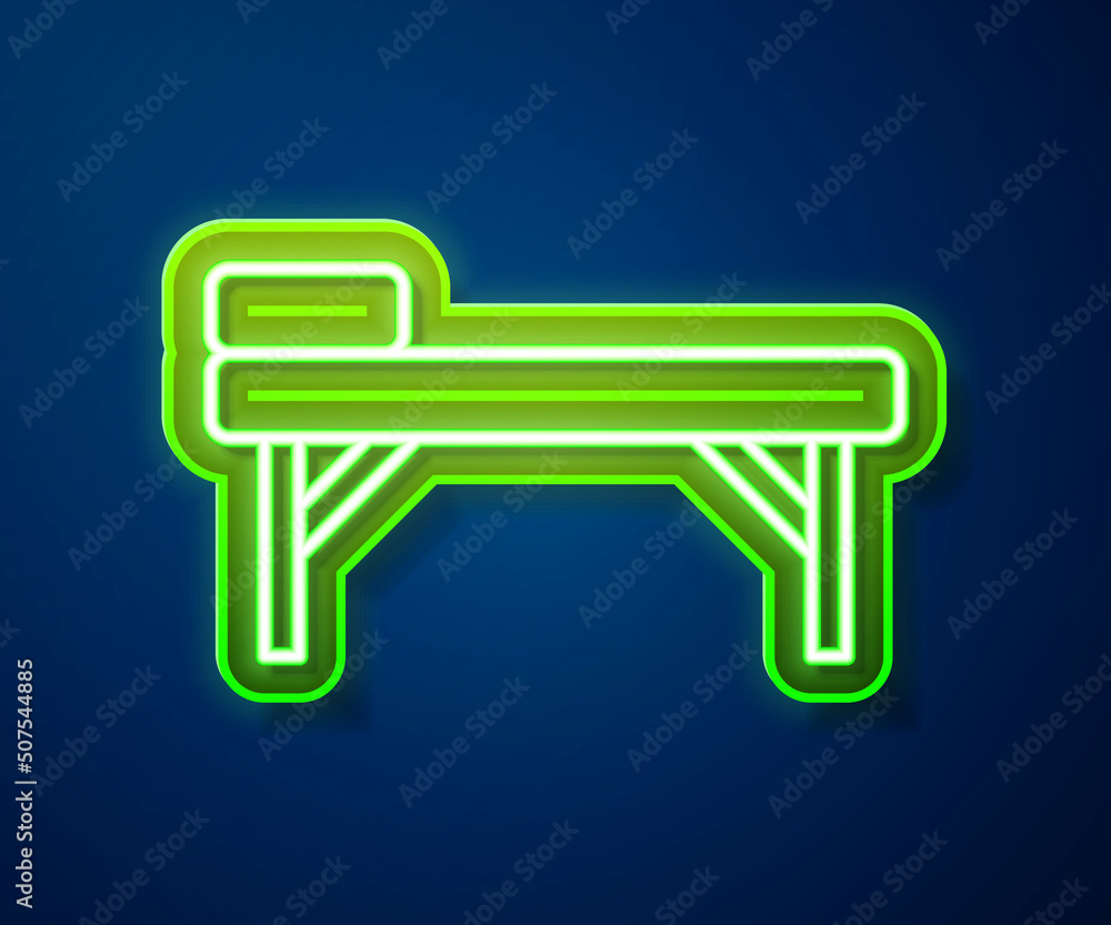 Glowing neon line Massage table icon isolated on blue background. Vector Glowing neon line Massage table icon isolated on blue background. Vector