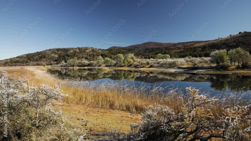 Rural scenery. Panning the yellow grassland, pond, forest and mountains, under a deep blue sky in the morning. The reflection of the landscape in the water surface. Beautiful autumn colors.