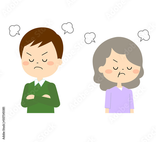 喧嘩をしても怒りがおさまらない若い男性と老人女性