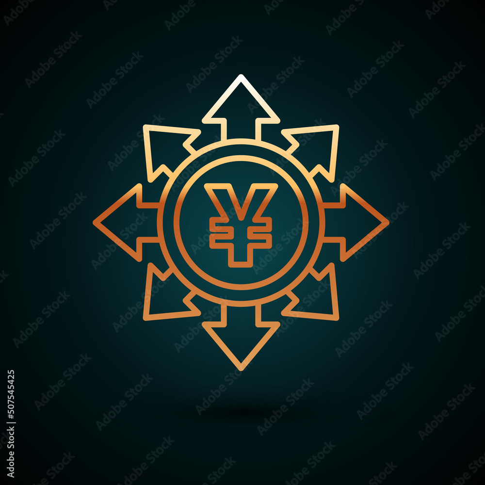 Gold line Coin money with Yen symbol icon isolated on dark blue background. Banking currency sign. Cash symbol. Vector Gold line Coin money with Yen symbol icon isolated on dark blue background. Banking currency sign. Cash symbol. Vector