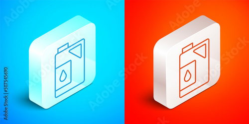 Isometric line Canister for motor machine oil icon isolated on blue and red background. Oil gallon. Oil change service and repair. Engine oil sign. Silver square button. Vector