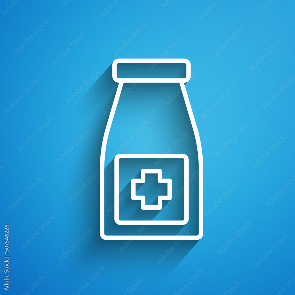 White line Medicine bottle and pills icon isolated on blue background. Bottle pill sign. Pharmacy design. Long shadow. Vector White line Medicine bottle and pills icon isolated on blue background. Bottle pill sign. Pharmacy design. Long shadow. Vector