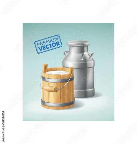 Wooden bucket with milk, milk can container  isolated 3d illustration vector