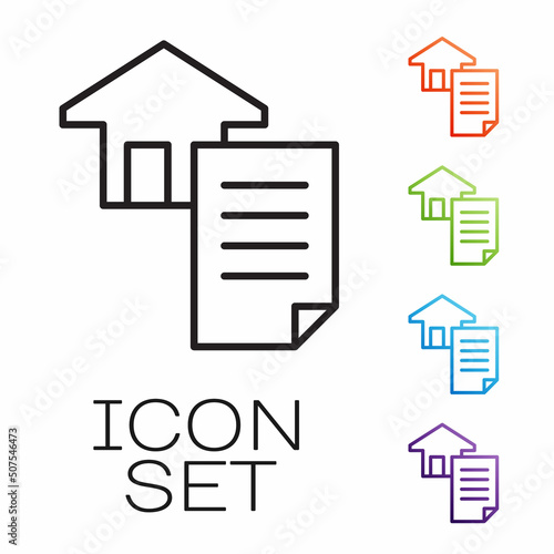 Black line House contract icon isolated on white background. Contract creation service, document formation, application form composition. Set icons colorful. Vector