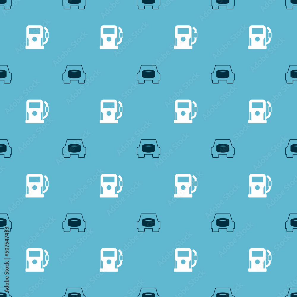 Set Spare wheel in the car and Petrol or gas station on seamless pattern. Vector