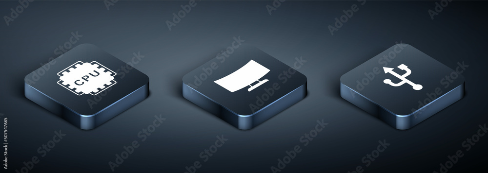 Set Isometric Processor with CPU, USB and Computer monitor screen icon. Vector Set Isometric Processor with CPU, USB and Computer monitor screen icon. Vector