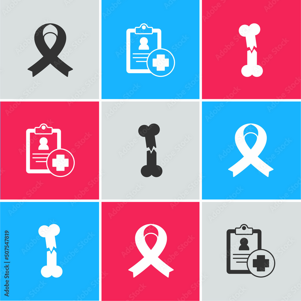 Set Awareness ribbon, Patient record and Human broken bone icon. Vector Set Awareness ribbon, Patient record and Human broken bone icon. Vector