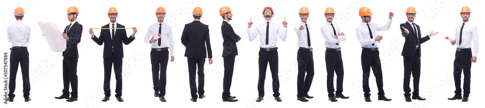 panoramic photo collage of confident architect isolated on white panoramic photo collage of confident architect isolated on white