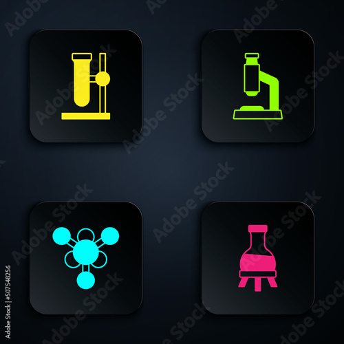 Set Test tube, flask on stand, Molecule and Microscope. Black square button. Vector
