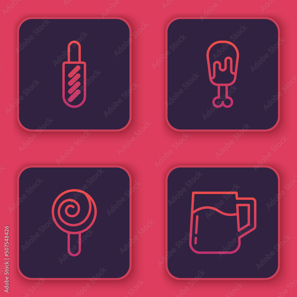 Set line Hotdog sandwich, Lollipop, Chicken leg and Wooden beer mug. Blue square button. Vector