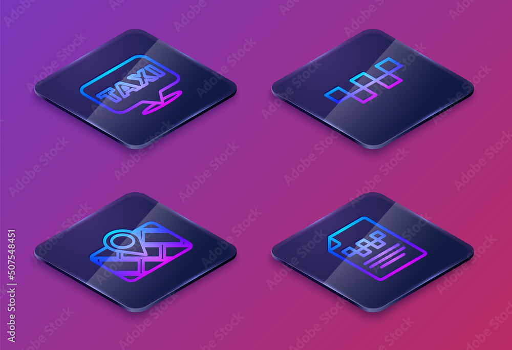 Fototapeta premium Set Isometric line Location with taxi, Gps device map, Taxi car roof and driver license. Blue square button. Vector