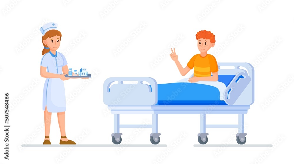 Vector illustration of nurse and patient. Helping people. 