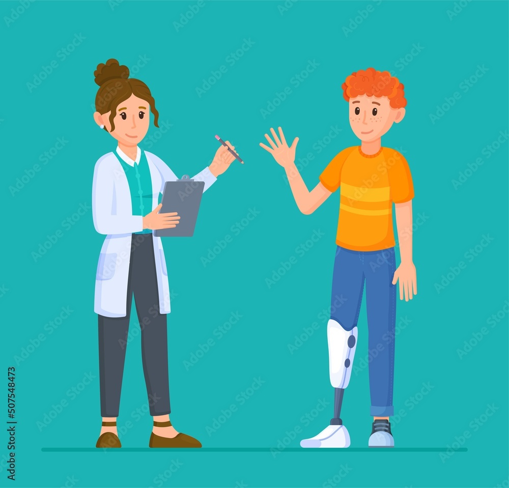Vector illustration of orthopedic inspection. Man at the doctor's appointment after amputation and prosthesis betting. Vector illustration of orthopedic inspection. Man at the doctor's appointment after amputation and prosthesis betting.