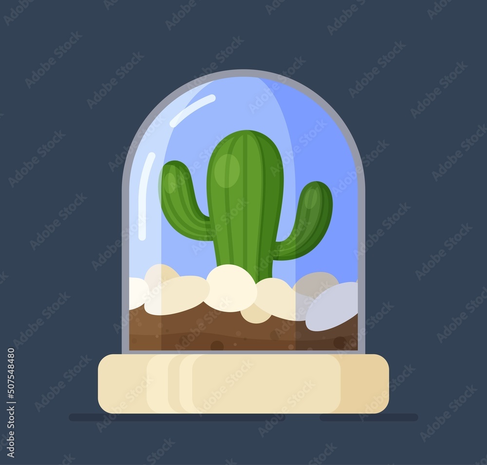 Fototapeta premium Vector illustration of plant cylinder glass. Glass vector case, transparent plant dome isolated on blue background.