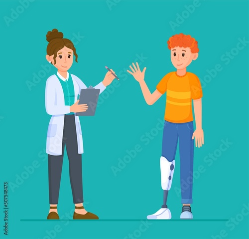 Vector illustration of orthopedic inspection. Man at the doctor's appointment after amputation and prosthesis betting. 