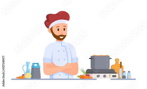 Vector illustration of piceola cooking. A man making borscht or soup on the stove. 