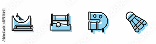 Set line Kid playground slide pipe, Skate park, Volleyball net with ball and Badminton shuttlecock icon. Vector