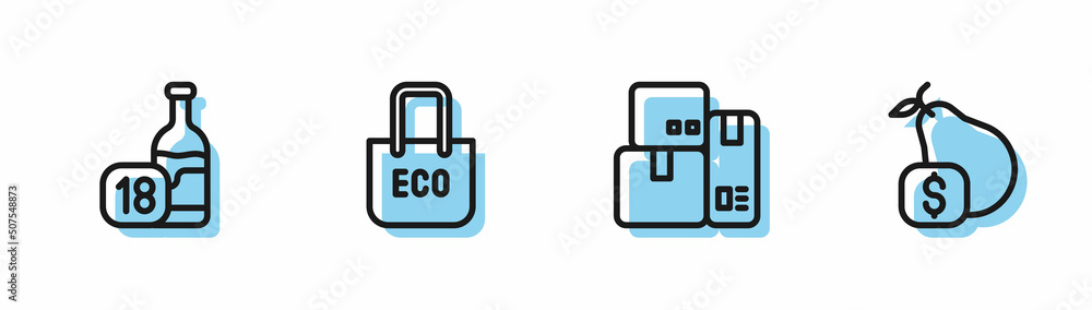 Set line Cash register machine, Wine bottle, Shopping bag with recycle and Price tag for pear icon. Vector Set line Cash register machine, Wine bottle, Shopping bag with recycle and Price tag for pear icon. Vector