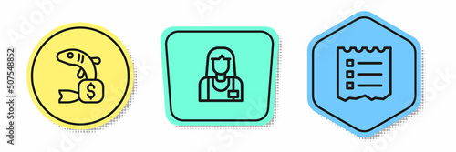 Set line Price tag for fish, Seller and Shopping list. Colored shapes. Vector
