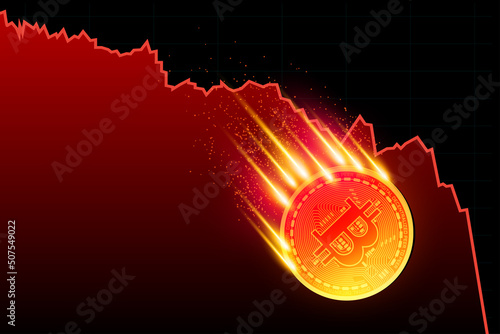 Falling bitcoin on fire on a black background 