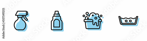 Set line Basin with soap suds, Water spray bottle, Bottle for cleaning agent and Temperature wash icon. Vector