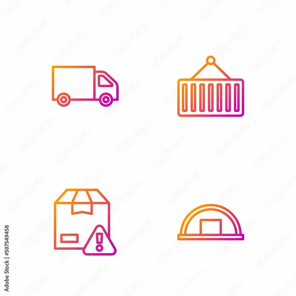 Set line Warehouse, Delivery security with shield, cargo truck and Container on crane. Gradient color icons. Vector