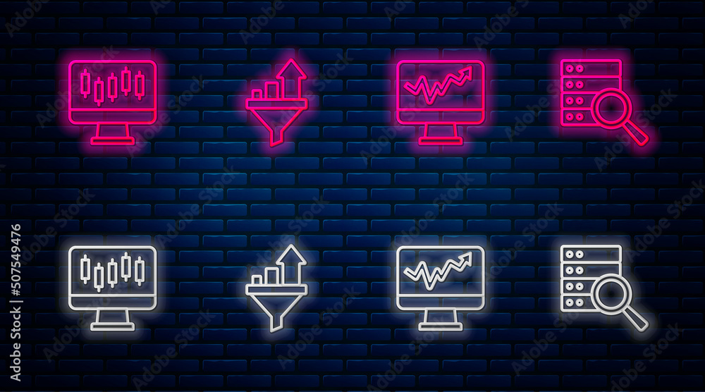 Set line Sales funnel with chart, Monitor graph, Stocks market growth graphs and Server. Glowing neon icon on brick wall. Vector Set line Sales funnel with chart, Monitor graph, Stocks market growth graphs and Server. Glowing neon icon on brick wall. Vector