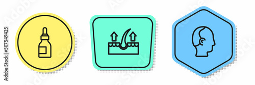 Set line Oil bottle, Human hair follicle and Baldness. Colored shapes. Vector