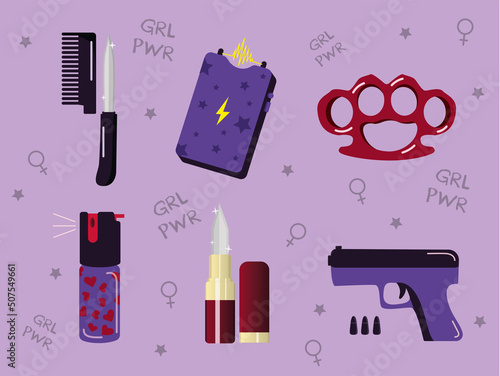 Vector illustration. Self defense set for girls. 
Set of self defense weapons. Purple background. 