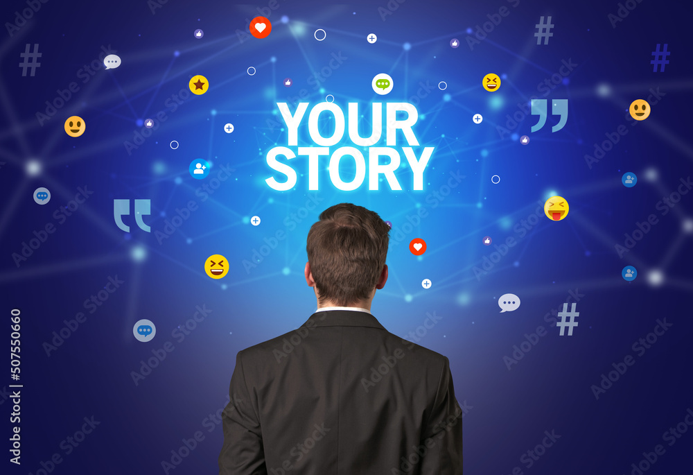 Rear view of a businessman, social media concept Rear view of a businessman, social media concept