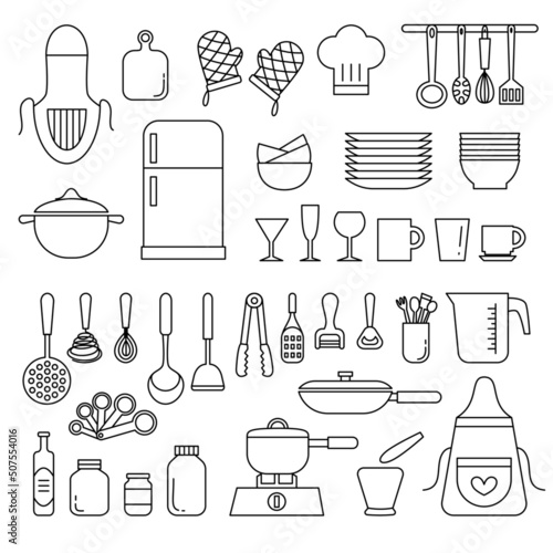 set of kitchenware utensils outline.