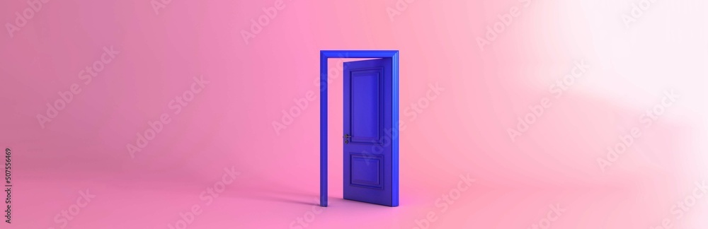Creative minimal style design. three open doors on pastel pink background. 3d rendering

