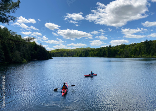 A couple kayaking on a still lake surrounded by forest in the early summer
