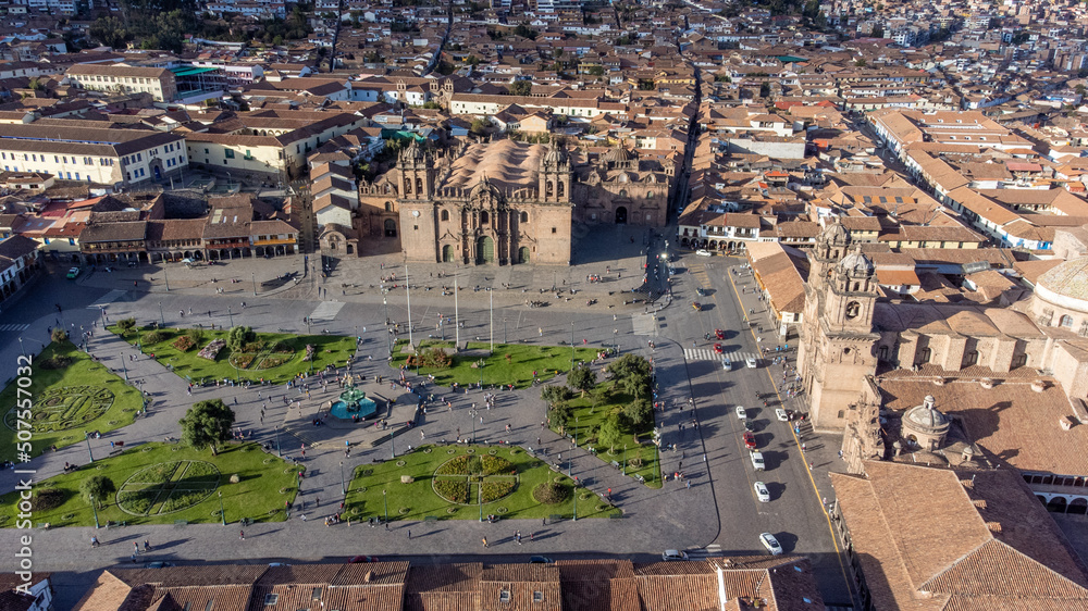 Aerial view of the Plaza de Armas in Cusco. Peru