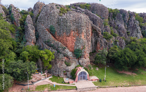 Aerial view of the Cordilleras in Tobati with the Chapel of the Virgin of the Way (Capilla Virgen del Camino) in Paraguay.