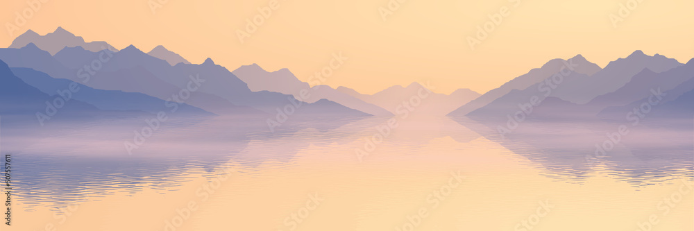 Dawn on the sea bay, mountain peaks, picturesque reflection, panoramic view