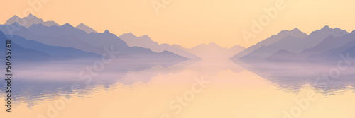 Dawn on the sea bay, mountain peaks, picturesque reflection, panoramic view © Valerii