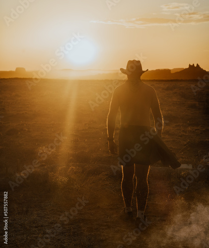 A cowboy walks into the desert